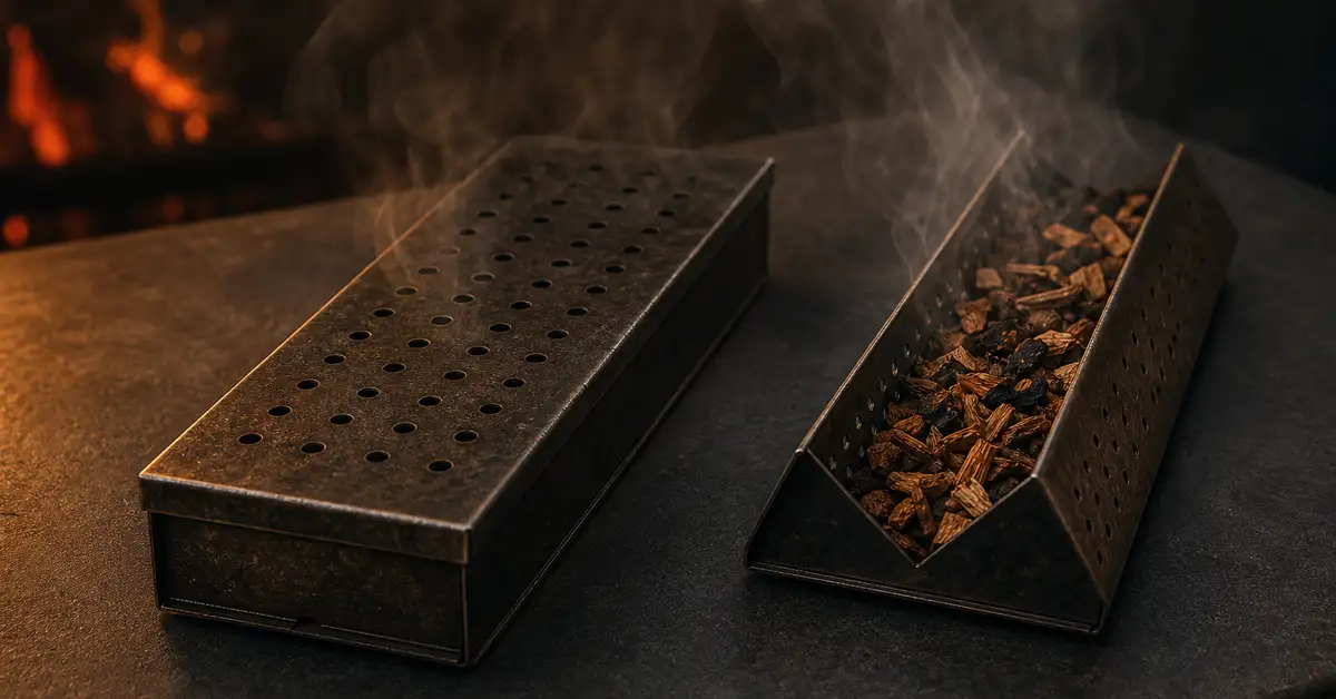 A flat rectangular smoker box next to a narrow V-shaped smoker box on a dark matte surface, side by side for a shape comparison