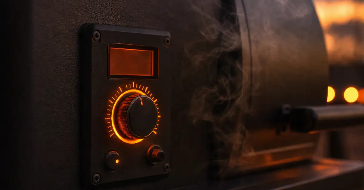 Close-up of a glowing digital control dial on a vertical pellet smoker at dusk