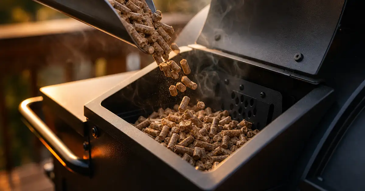 Wood pellets being poured into a smoker hopper in warm late-afternoon light