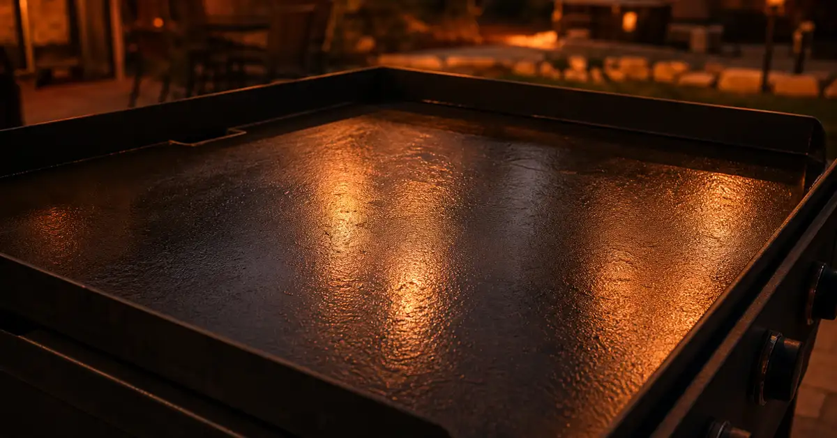A generic flat-top griddle steel cooking surface catching warm ember light at dusk, with a thin sheen of seasoning oil