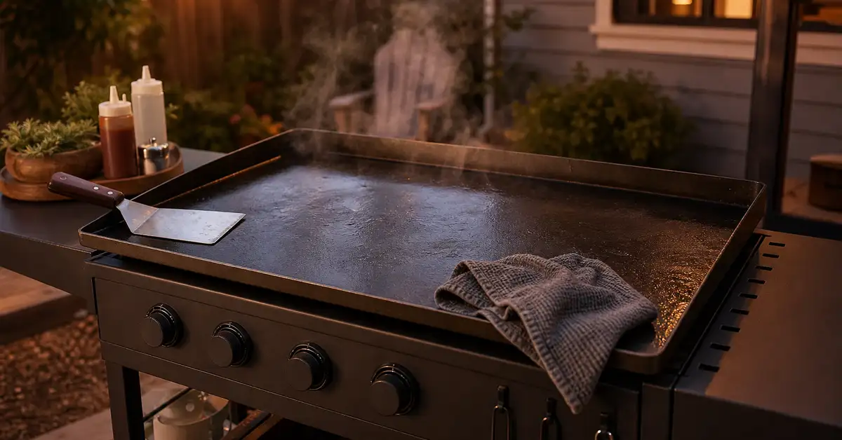 A flat-top griddle grill being wiped down on a backyard patio at dusk after cooking