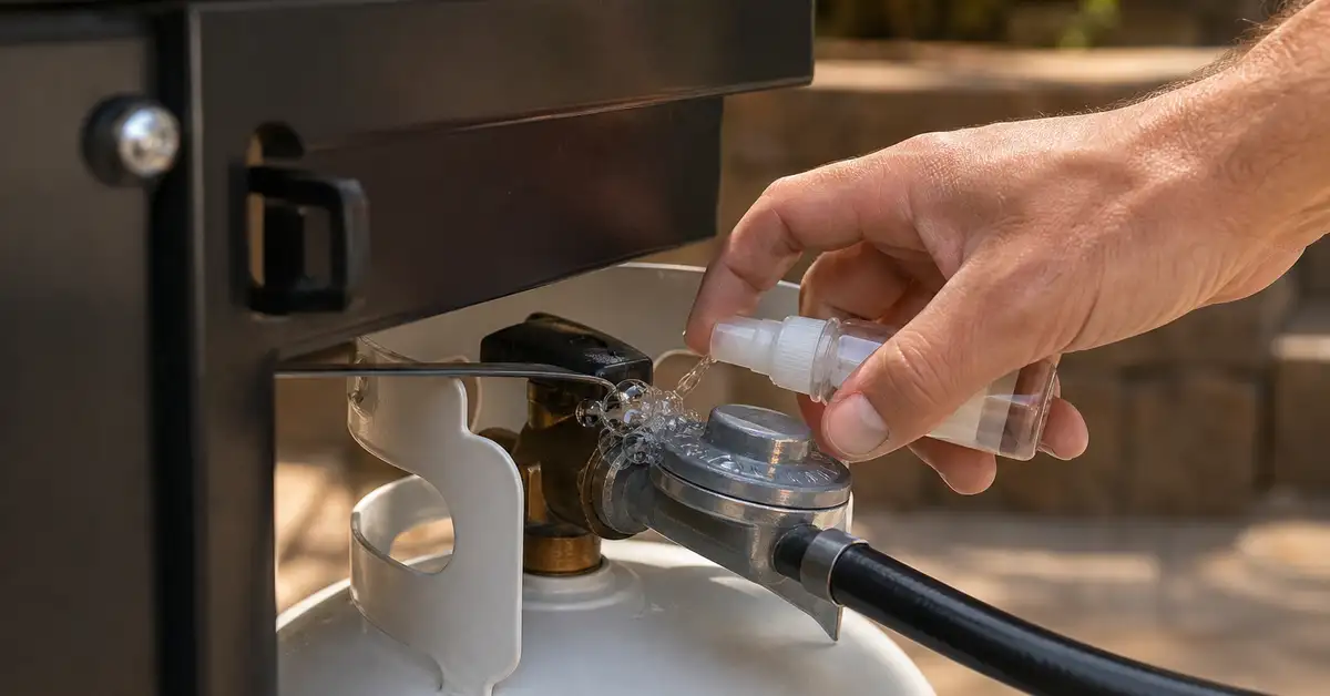 Testing a propane tank connection on a flat-top grill with a soapy-water leak check