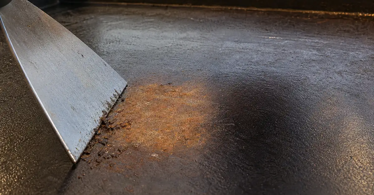 Scraping a small rust spot off a flat steel griddle plate with a metal scraper