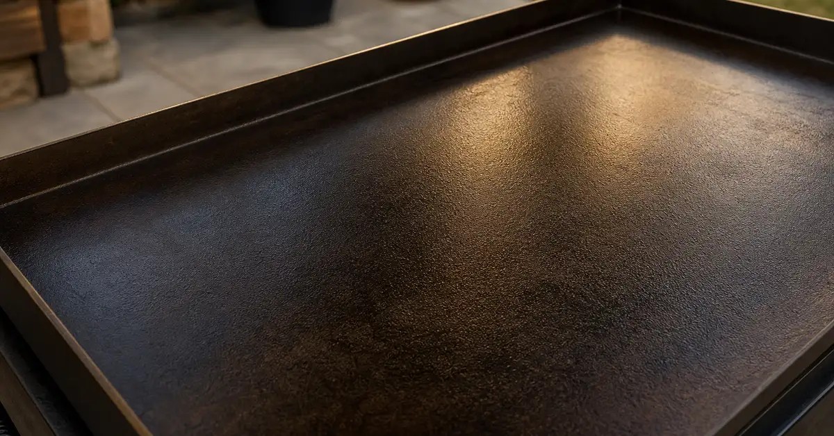 Close-up of a dark, evenly seasoned flat griddle surface with a smooth matte patina