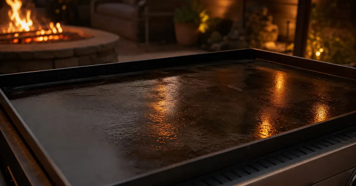 A flat-top griddle surface catching warm ember light at dusk, with a thin sheen of seasoning oil