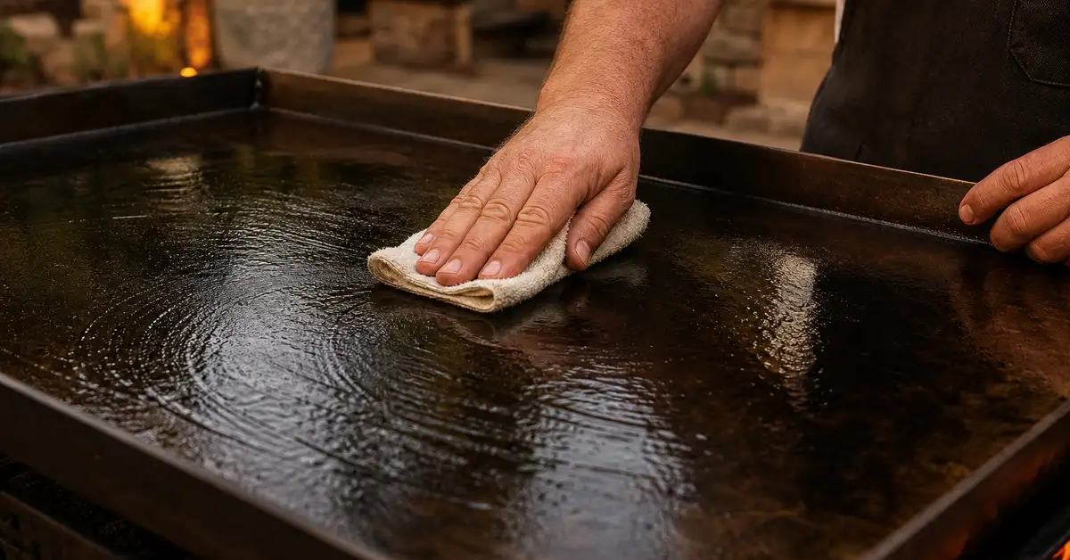 Spreading a thin layer of oil across a flat griddle surface with a folded cloth