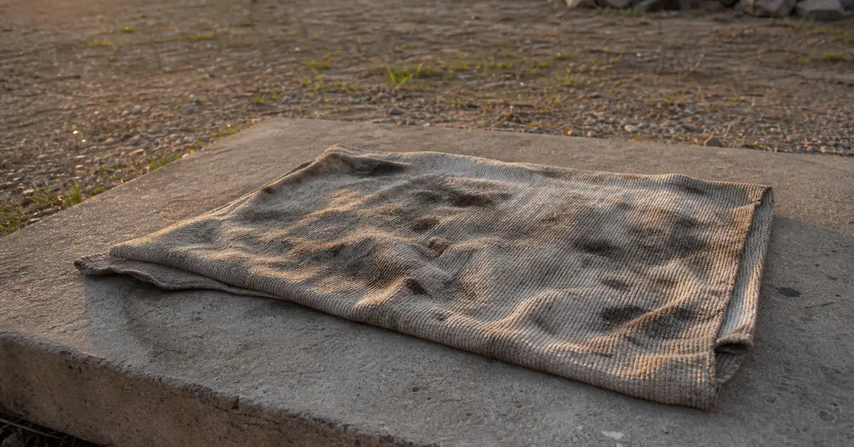 An oily cloth laid flat to dry outdoors on a non-combustible surface, away from anything flammable