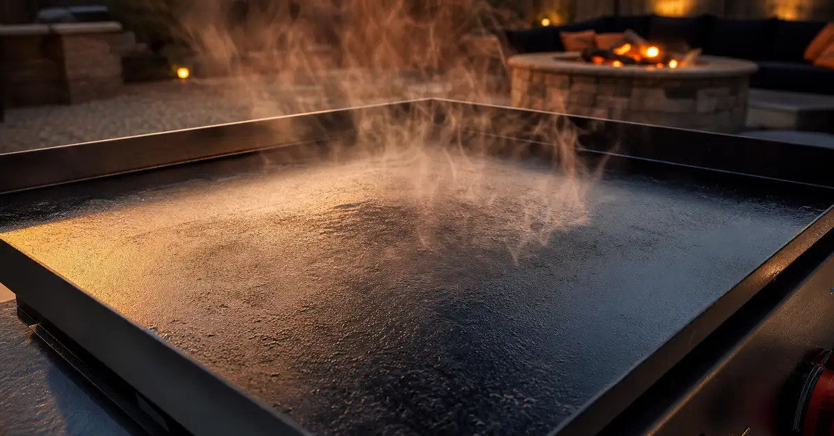 Faint smoke rising off a hot griddle surface during a seasoning heat cycle
