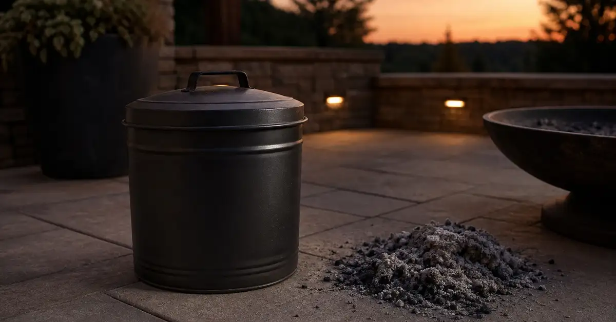 A metal container with a tight-fitting lid for safely disposing of cooled charcoal ash