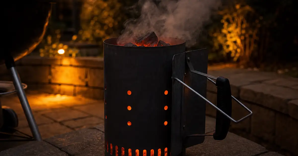 A charcoal chimney starter glowing with warm ember light on a backyard patio at dusk