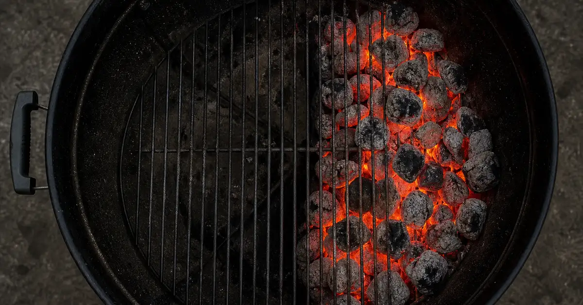 Overhead view of a two-zone charcoal fire banked to one side inside a kettle grill
