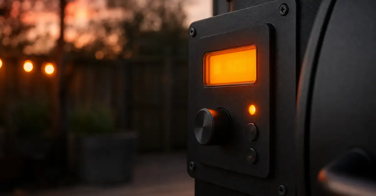 A digital temperature controller display glowing warm amber on the side of a pellet grill at dusk