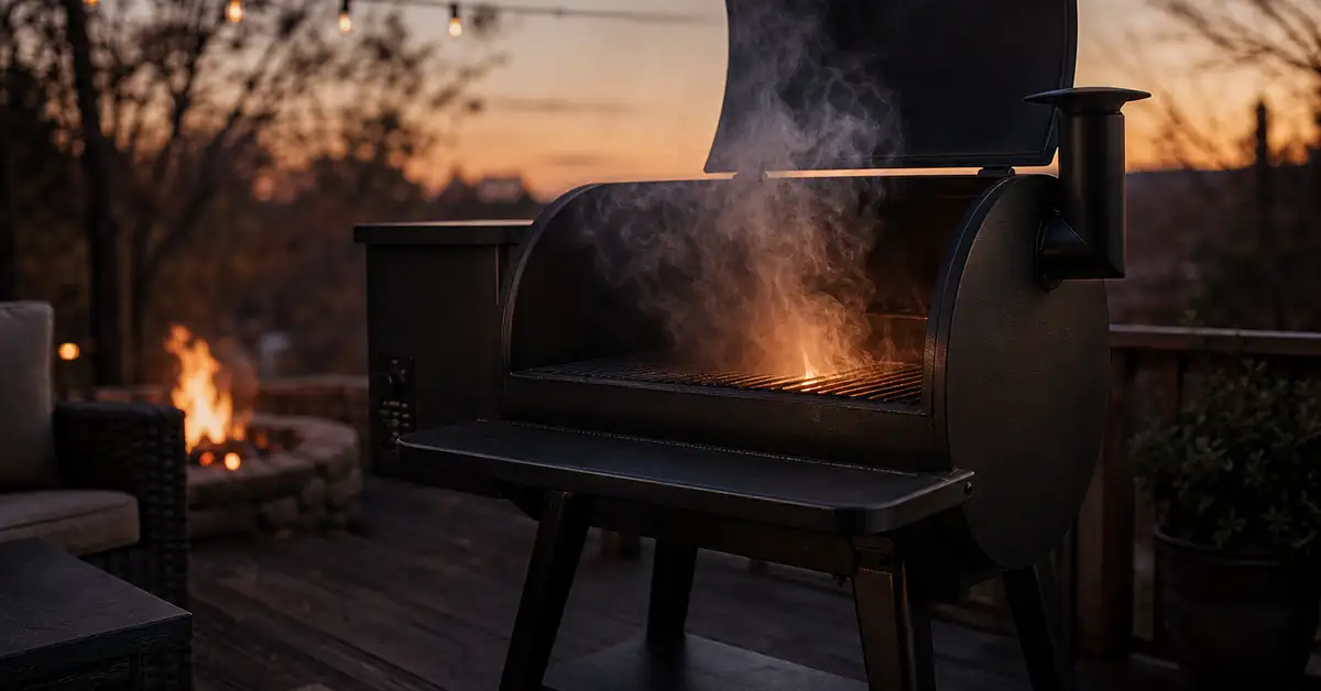 A pellet grill with the lid open glowing with warm ember light and drifting smoke on a backyard patio at dusk