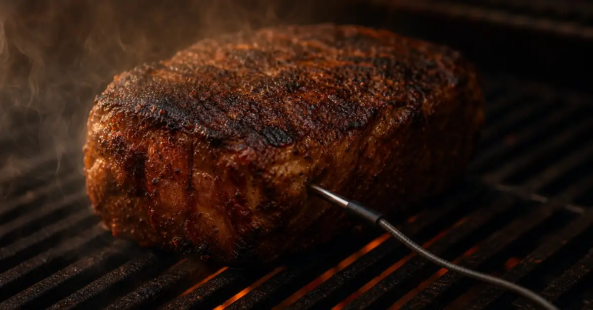 A meat thermometer probe inserted into a cut of meat resting on grill grates with wood smoke drifting past