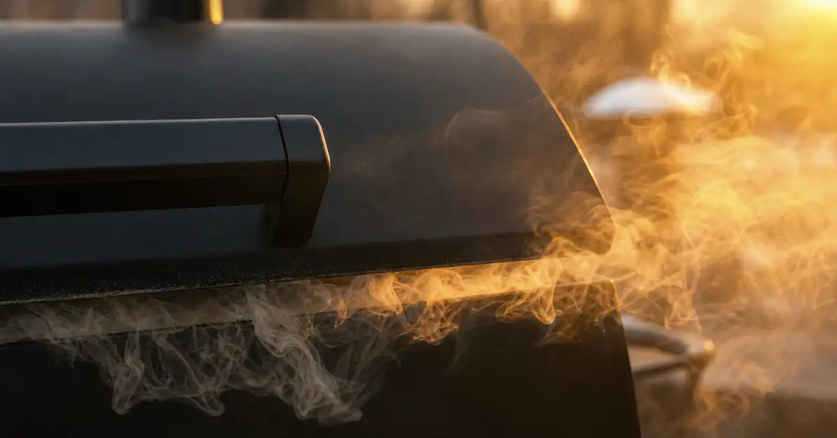Thick white startup smoke billowing from the lid of a pellet grill during ignition at dusk