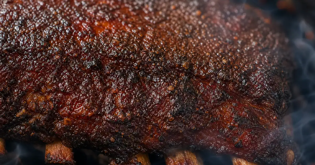Extreme close-up of dark mahogany bark on smoked pork ribs