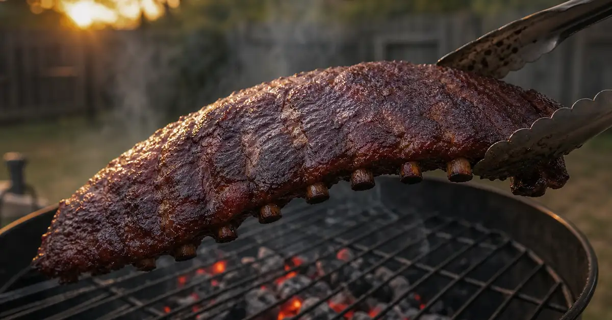 A rack of smoked ribs held by tongs, bending slightly at the point of doneness, with thin smoke in the background