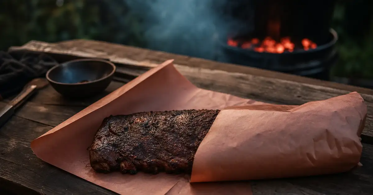 A rack of ribs being wrapped tightly in butcher paper on a wooden table outdoors at dusk