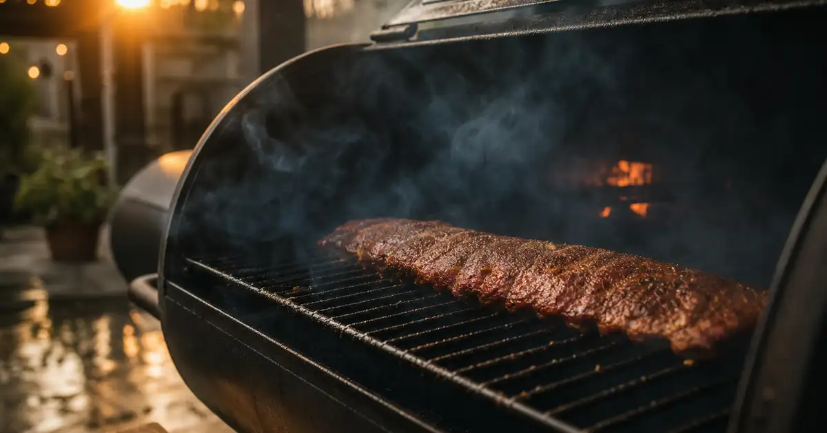 A rack of pork ribs on a smoker cooking grate seen through thin drifting smoke at dusk