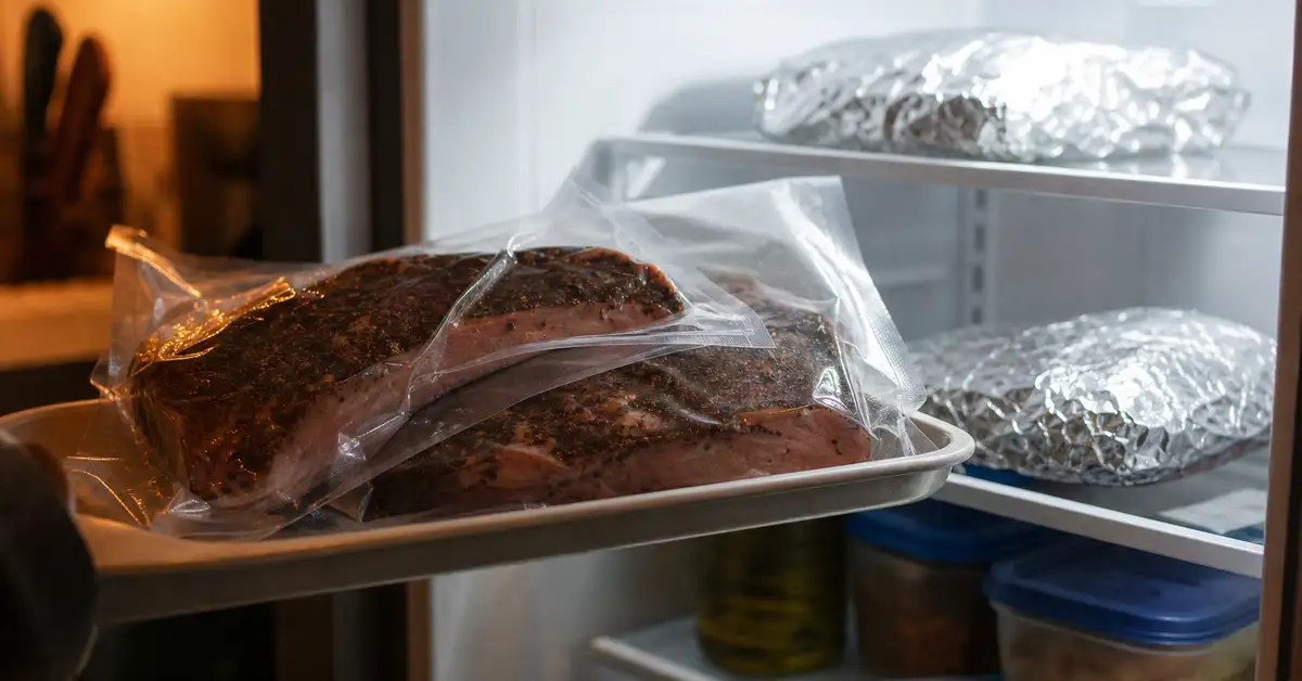 Vacuum-sealed and foil-wrapped portions of cooked smoked meat being placed into a refrigerator