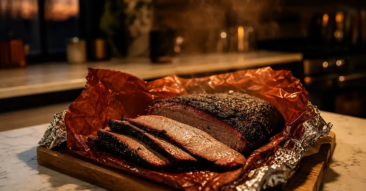 Sliced smoked meat wrapped in butcher paper and foil, cooling before refrigeration