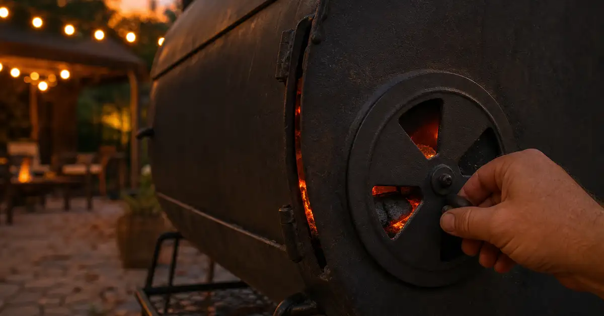 A hand adjusting the intake damper vent on a dark offset smoker at dusk with a warm ember glow inside