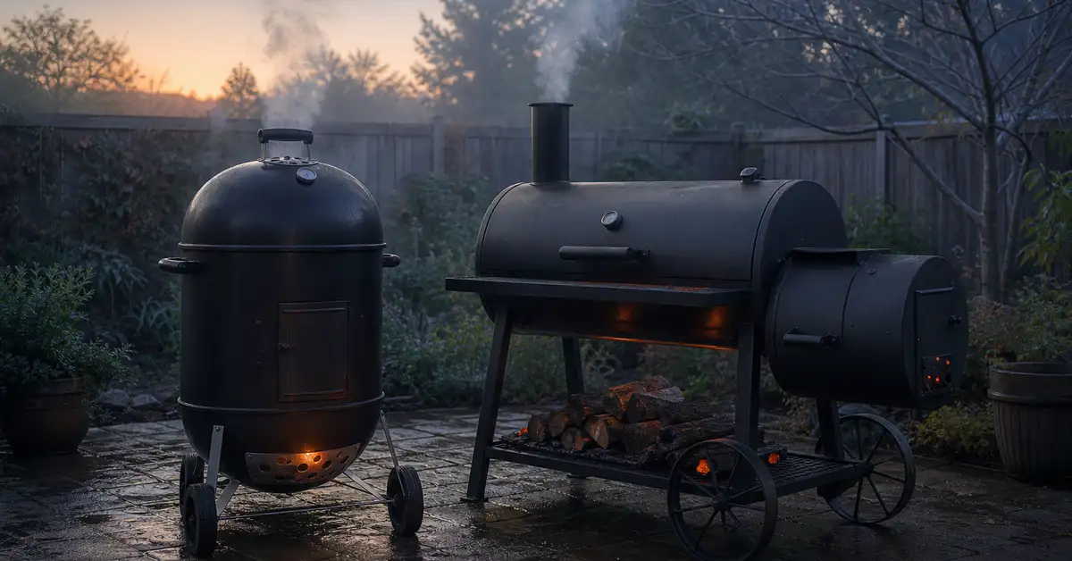 A charcoal bullet smoker and an offset smoker on a backyard patio at dawn with wisps of rising smoke