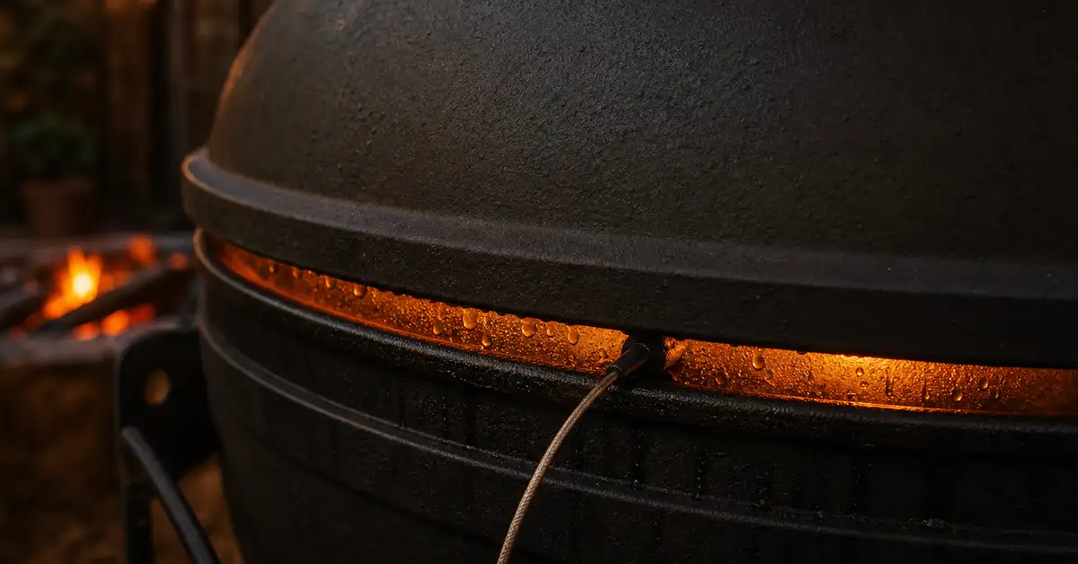 A wireless meat thermometer probe cable running under the closed lid of a dark smoker