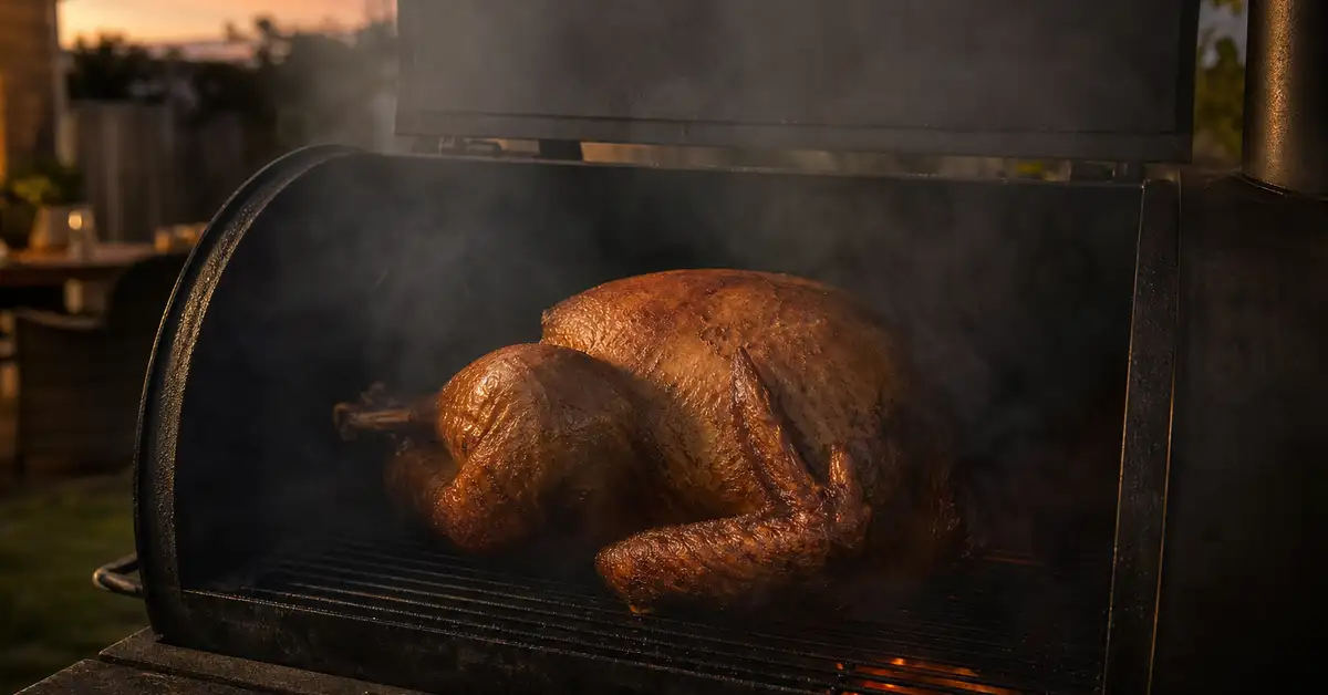 A whole turkey on a smoker cooking grate with thin drifting smoke at dusk
