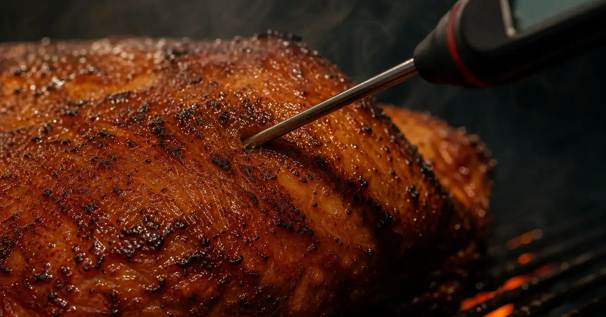An instant-read thermometer probe checking the internal temperature of a smoked turkey breast