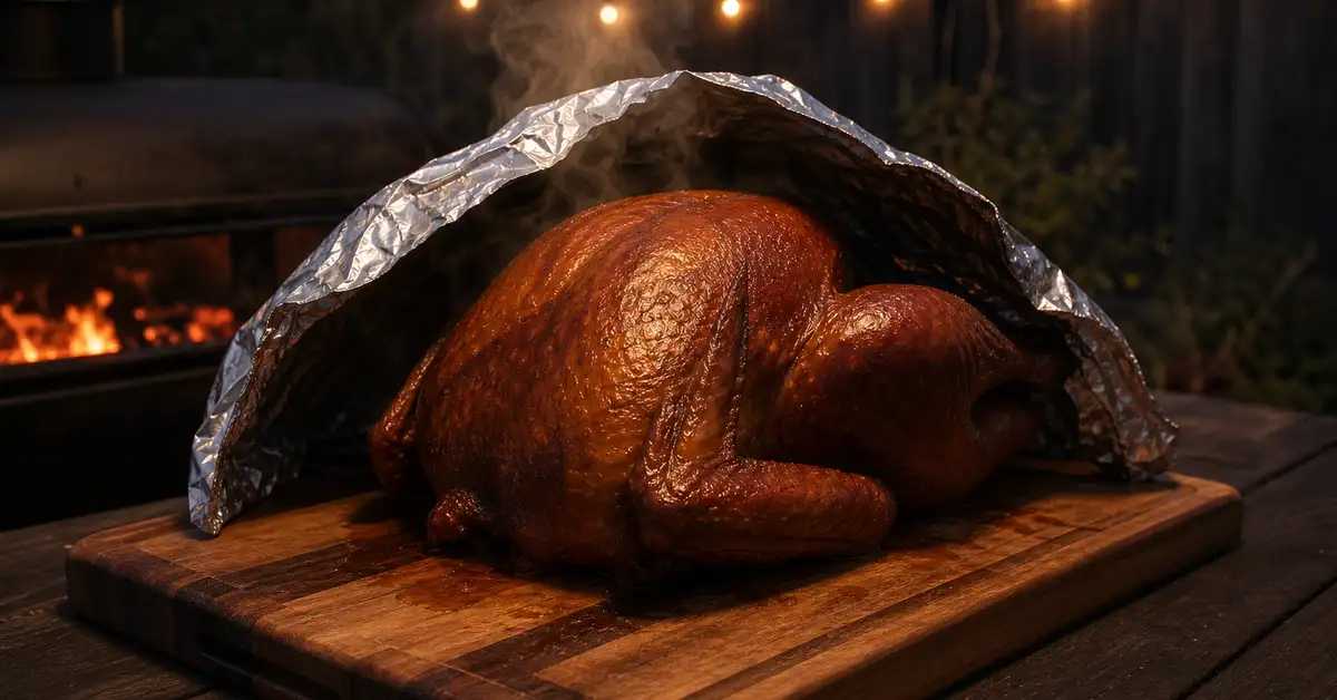 A whole smoked turkey resting tented in foil on a wooden cutting board outdoors at dusk