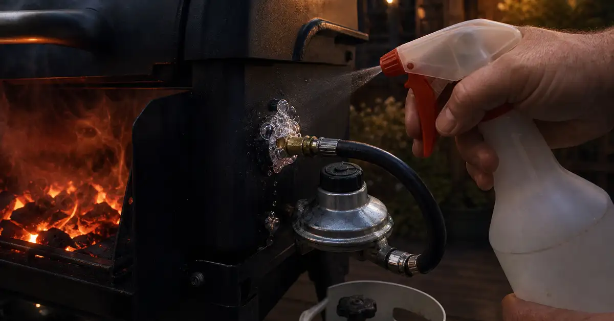 A soapy water solution being applied to a propane grill's hose and regulator connection at dusk to check for a gas leak