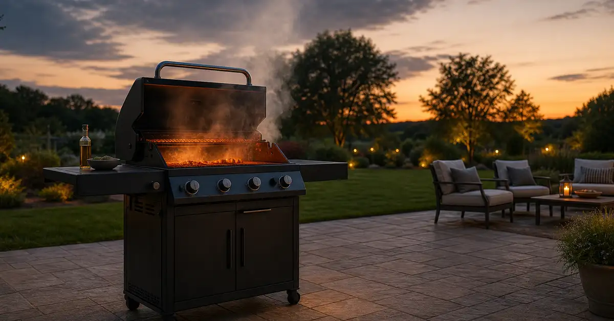 A gas grill glowing warmly at dusk in a wide-open backyard patio with plenty of clear space, representing the outdoor-only ventilation a grill needs