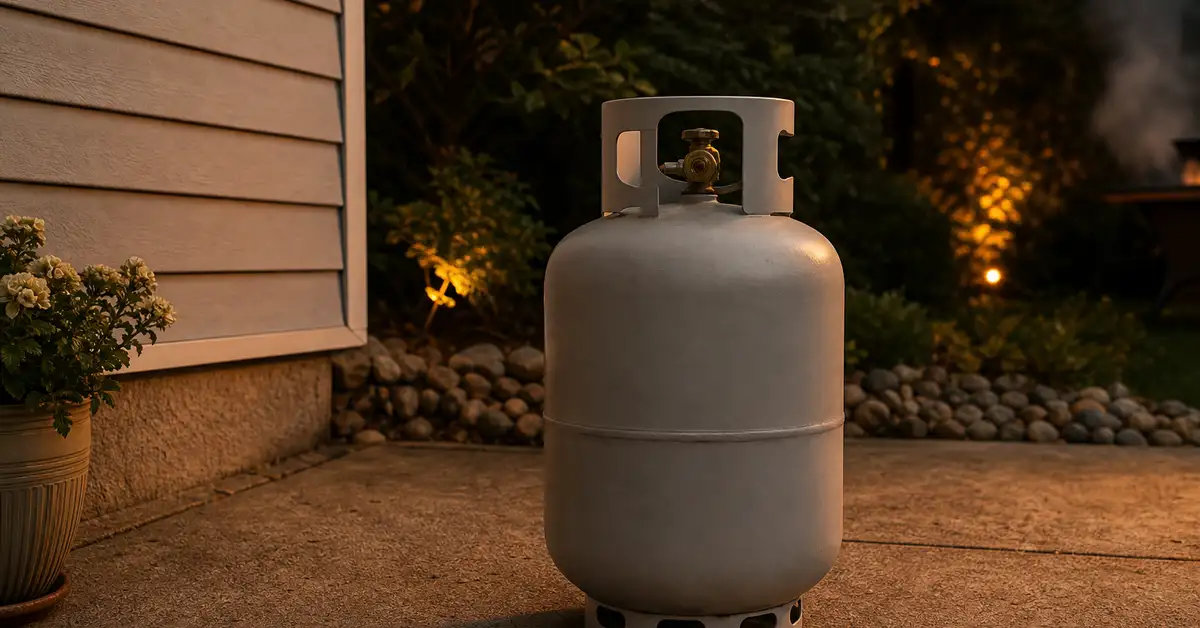 A propane gas cylinder stored upright outdoors on a patio corner away from the house at dusk