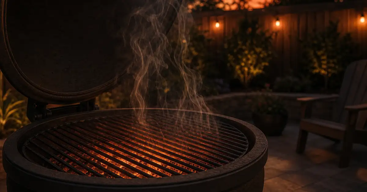 Thin smoke rising off a hot grill grate during a burn-off cycle at dusk