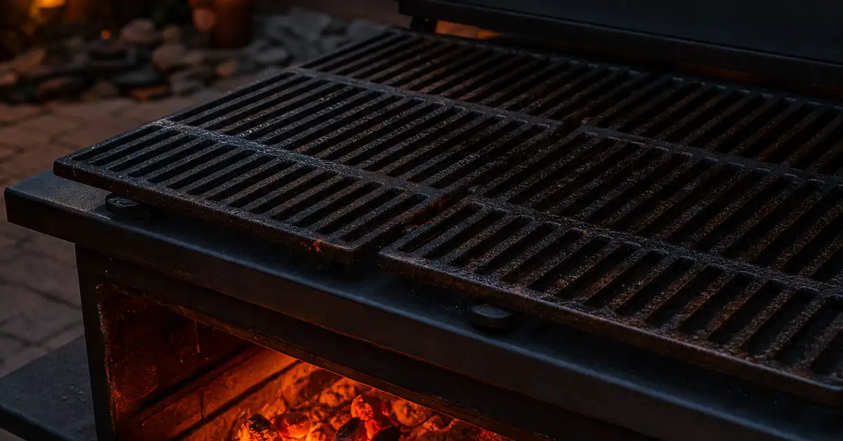 Grill grates cooling on a dark charcoal-toned grill after a seasoning bake cycle