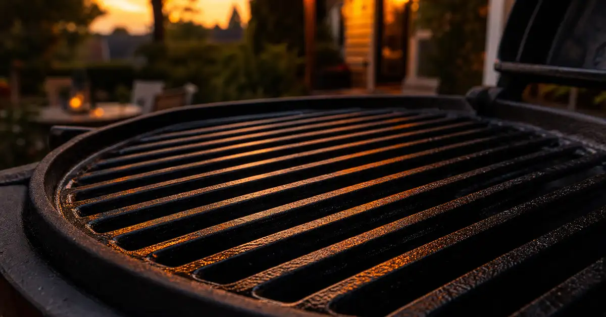 Freshly oiled cast iron grill grates catching warm light on a backyard patio