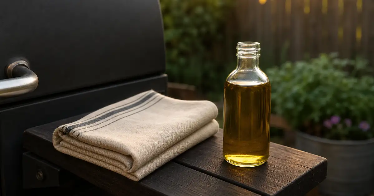 A folded cloth and a small bottle of high-smoke-point oil resting on a grill's side shelf