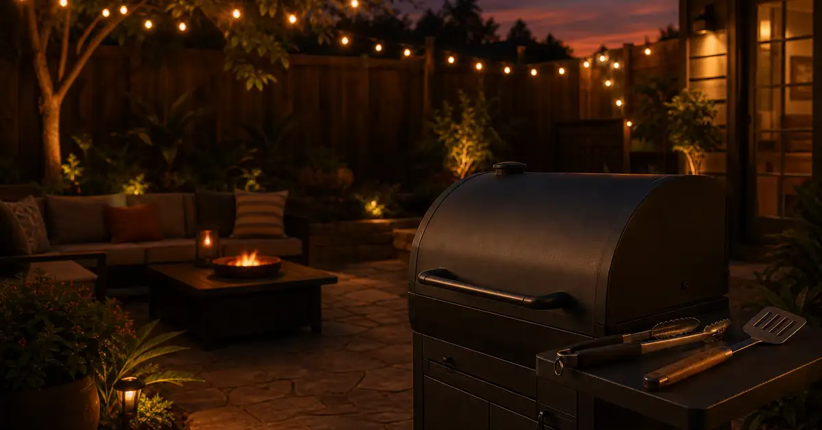 A backyard grill setup at dusk with warm light and a side shelf holding grilling tools
