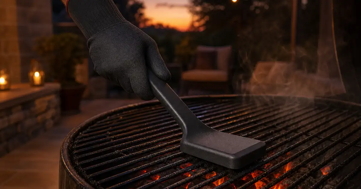 A gloved hand using a bristle-free brush to clean a warm grill grate on a backyard patio at dusk