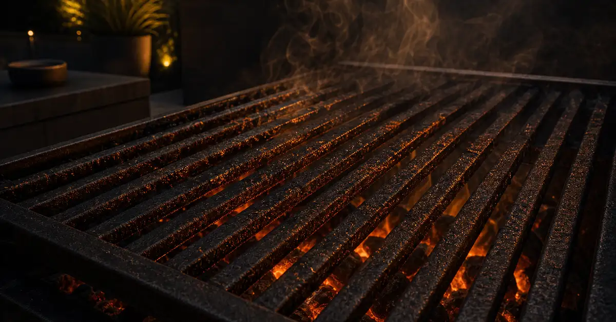 A stainless steel replacement grill grate with bold sear marks and warm ember glow rising from below on a backyard patio at dusk