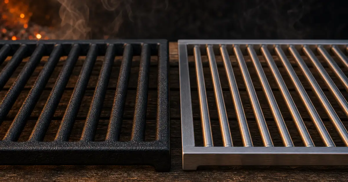 A cast-iron grill grate and a brushed stainless-steel grill grate side by side, showing the material difference between replacement grate types
