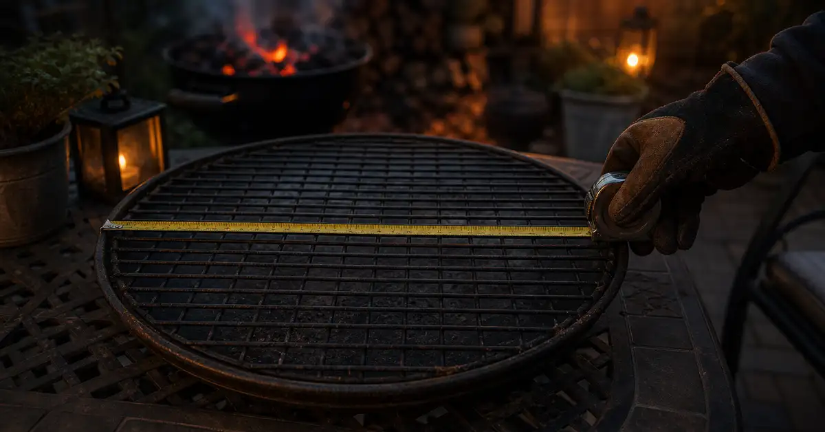 A gloved hand measuring the diameter of a round charcoal grill grate to check fit before buying a replacement