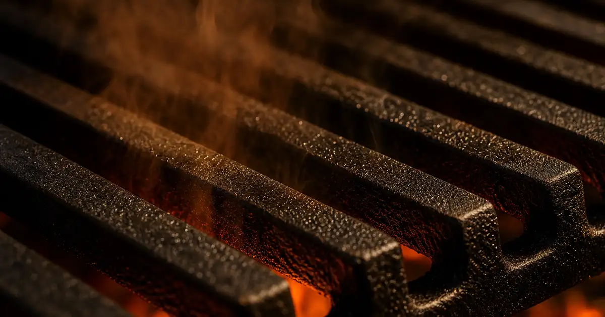 Close-up of a heavy cast-iron grill grate showing seasoned texture and material quality