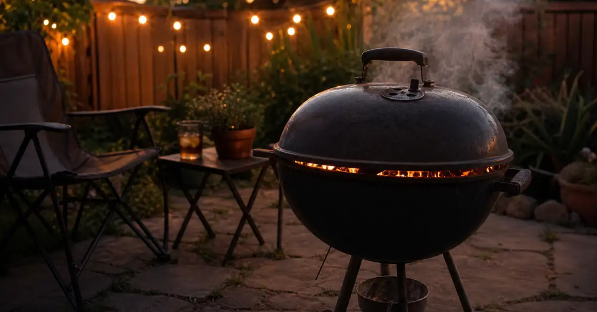 A simple charcoal kettle grill glowing with warm ember light on a backyard patio at dusk