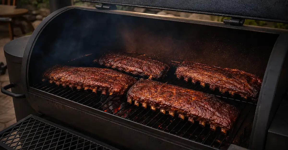 Racks of ribs cooking in the main chamber of a beginner offset smoker with thin blue smoke visible