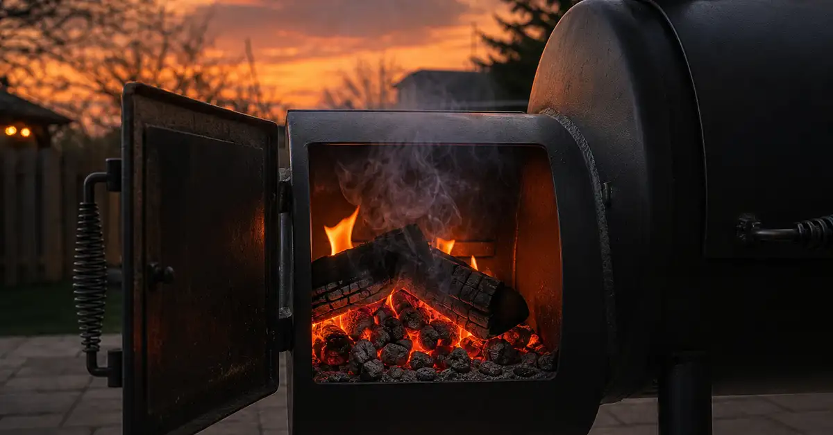 An offset smoker firebox glowing with embers at dusk in a backyard patio setting