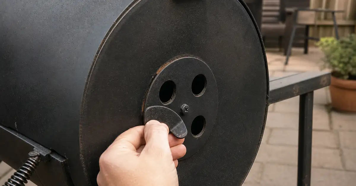A hand adjusting the intake damper on the firebox of a budget offset smoker to control airflow and temperature