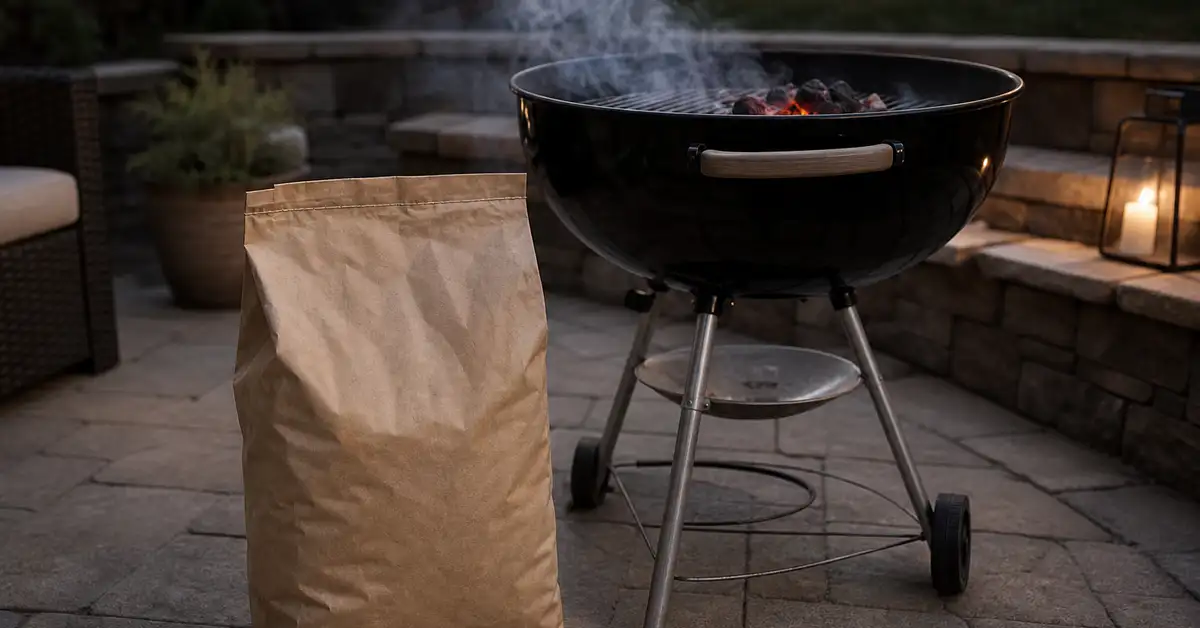 A backyard patio scene with an unbranded charcoal bag beside a kettle grill at dusk