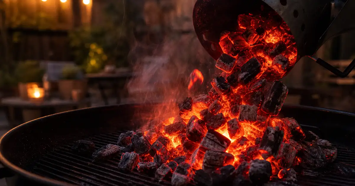 A pile of glowing charcoal embers freshly dumped from a chimney starter onto a charcoal grill's grate at dusk